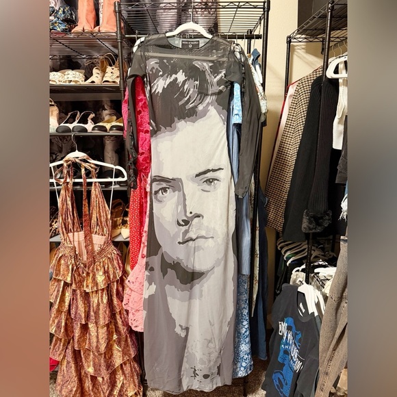 House of Muamua Harry Styles Allover Sublimation Printed Mesh Maxi Dress RARE - Picture 3 of 9